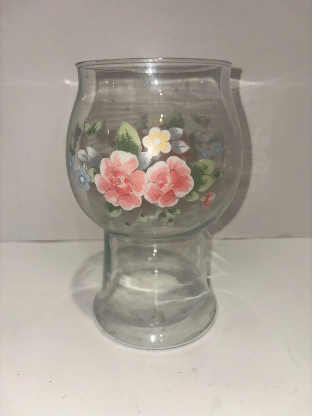 Pfaltzgraff Clear Glass Vase with Pink Rose Floral Motif